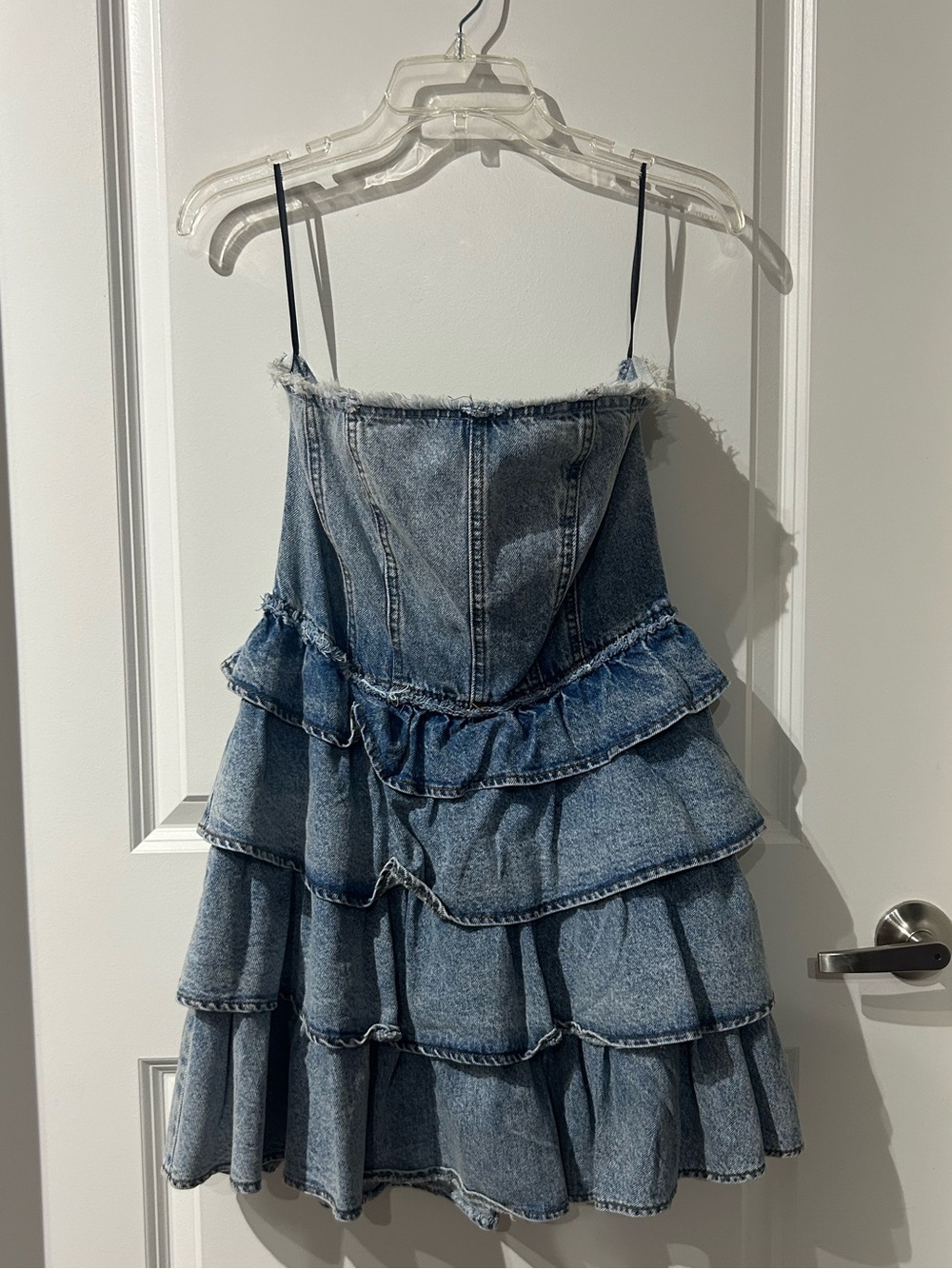 Blue Denim Tiered Ruffle Dress strapless